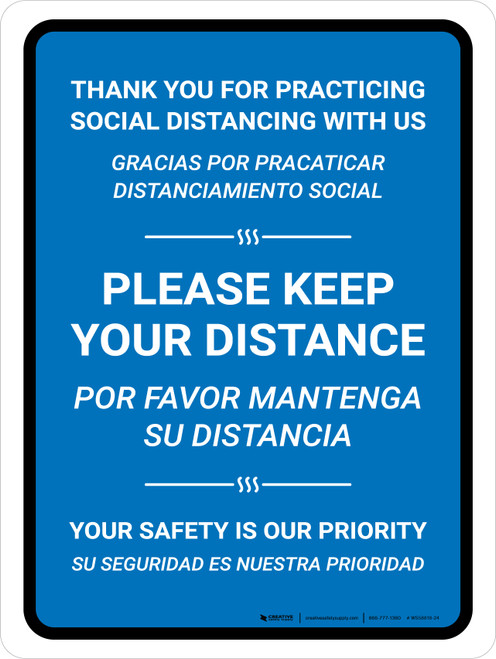 Thank You For Practicing Social Distancing With Us Blue Bilingual Spanish Portrait - Wall Sign