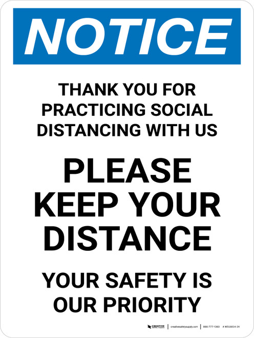 Notice: Thank You For Practicing Social Distancing With Us Portrait - Wall Sign