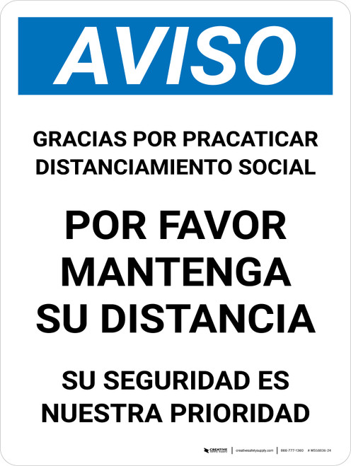 Notice: Thank You For Practicing Social Distancing With Us Spanish Portrait - Wall Sign