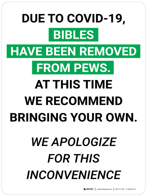 Due to Covid-19 Bibles Have Been Removed From Pews Portrait V2 - Wall Sign