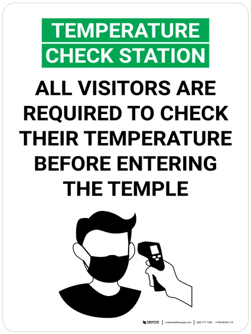 Temperature Check Station All Visitors Are Requird to Check Their Temperature Before Entering the Temple with Icon Portrait V2 - Wall Sign