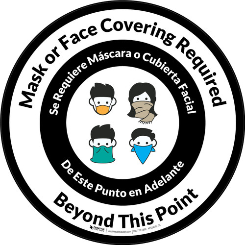 Mask or Face Covering Required Beyond This Point Bilingual Spanish with Icons Circular - Floor Sign