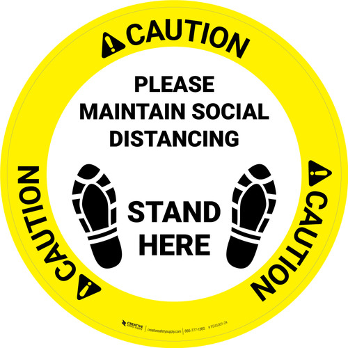 Caution Please Maintain Social Distancing Stand Here with Shoe Prints Circular - Floor Sign