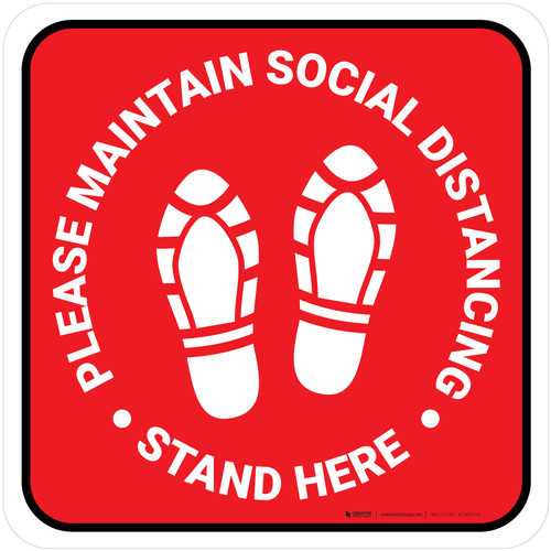 Please Maintain Social Distancing Stand Here with Shoe Prints Red Square - Floor Sign