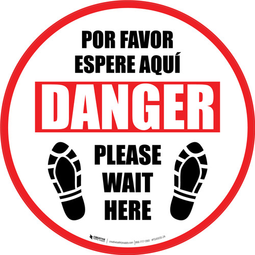 Please Wait Here Danger Bilingual Spanish with Shoe Prints Circular - Floor Sign