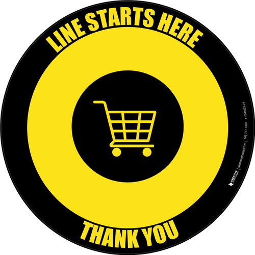 Line Starts Here Thank you with Shopping Cart Yellow/Black Circular - Floor Sign