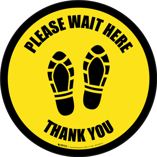 Please Wait Here Thank You with Shoe Prints Black Border Circular - Floor Sign
