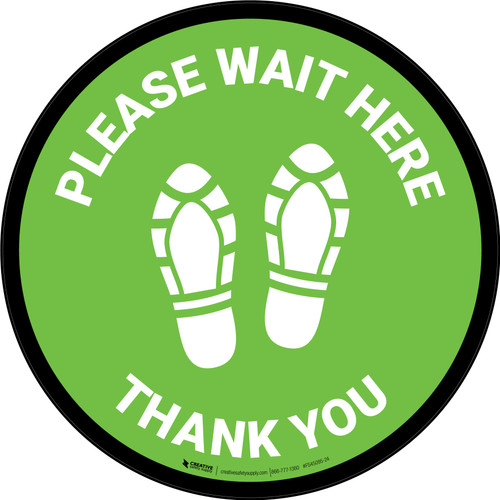 Please Wait Here Thank You with Shoe Prints Green Circular - Floor Sign