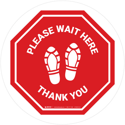 Please Wait Here Thank You with Shoe Prints Stop Circular - Floor Sign