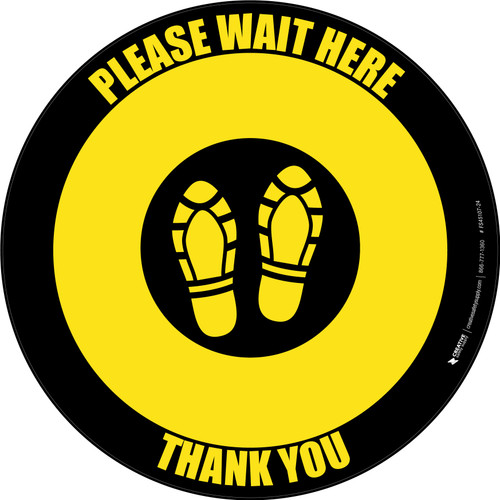 Please Wait Here Thank You with Shoe Prints Yellow/Black Circular - Floor Sign