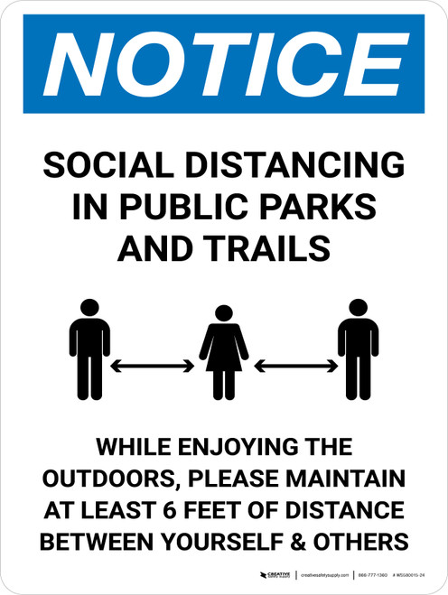 Notice Social Distancing In Public Parks And Trails Portrait - Wall Sign