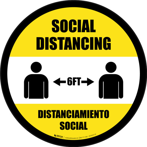 Social Distancing Bilingual Spanish with Icon Black Border Circular - Floor Sign