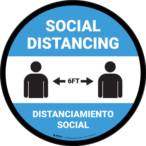 Social Distancing Bilingual Spanish with Icon Blue Circular - Floor Sign
