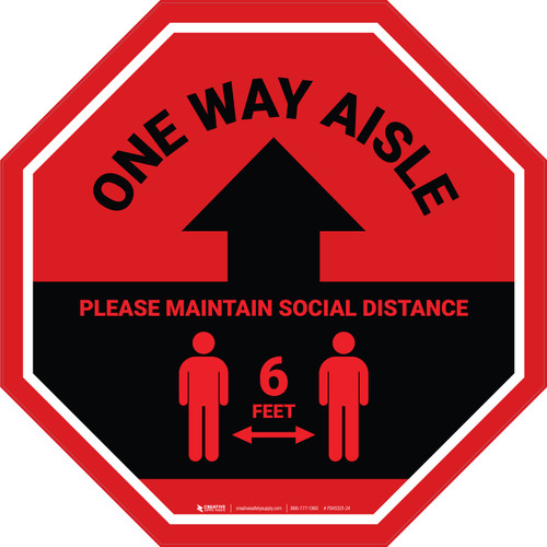 One Way Aisle - Please Maintain Social Distance with Icon Stop - Floor Sign