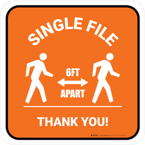 Single File 6 Ft Apart with Icon Orange Square - Floor Sign