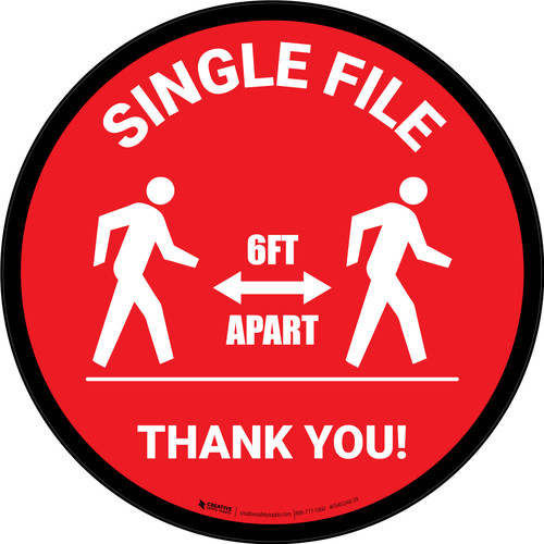 Single File 6 Ft Apart with Icon Red Circular - Floor Sign