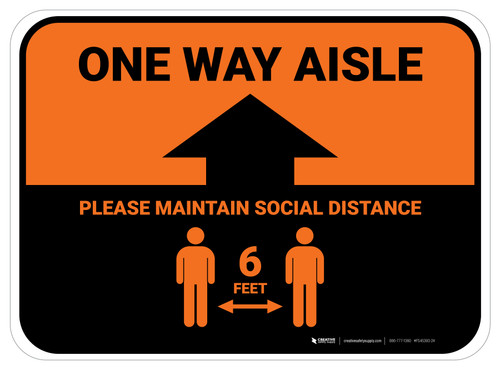 One Way Aisle - Please Maintain Social Distance with Icon Orange Rectangle - Floor Sign