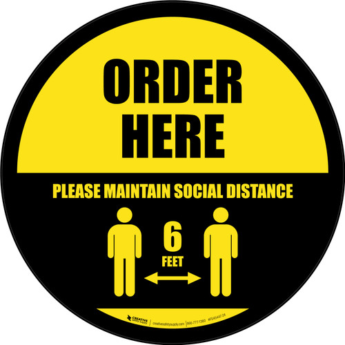 Order Here: Social Distance with Icon Black Border Circular - Floor Sign