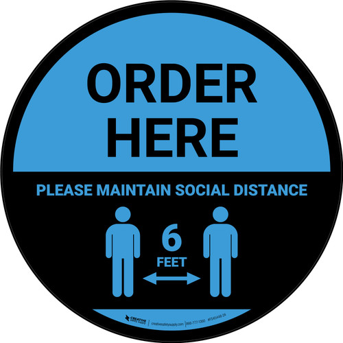 Order Here: Social Distance with Icon Blue Circular - Floor Sign