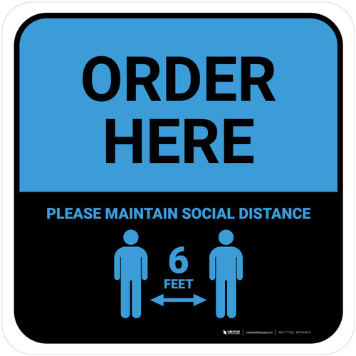 Order Here: Social Distance with Icon Blue Square - Floor Sign