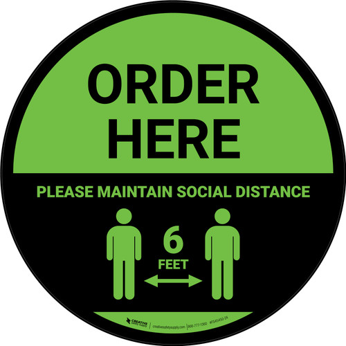 Order Here: Social Distance with Icon Green Circular - Floor Sign