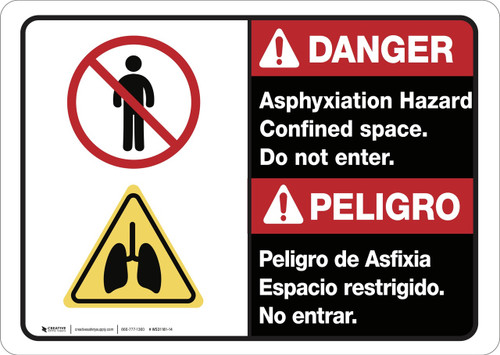 Danger: Bilingual Spanish Asphyxiation Hazard Confined Space - Wall Sign