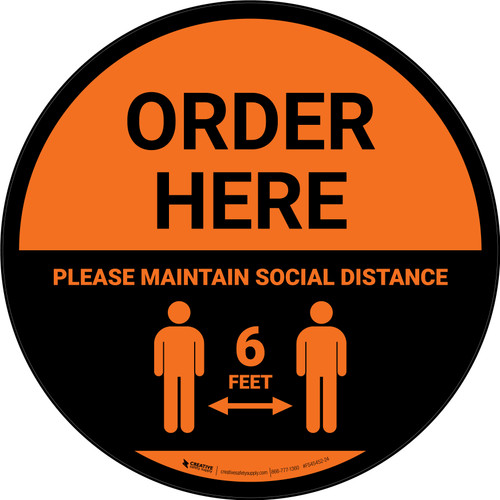 Order Here: Social Distance with Icon Orange Circular - Floor Sign