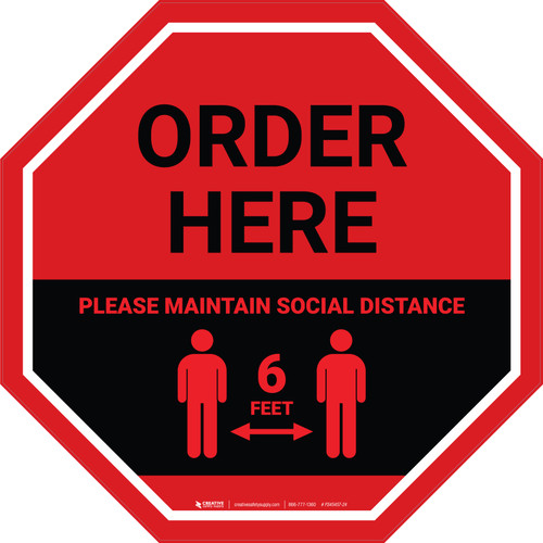 Order Here: Social Distance with Icon Stop - Floor Sign