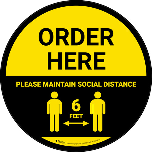 Order Here: Social Distance with Icon Yellow Circular - Floor Sign