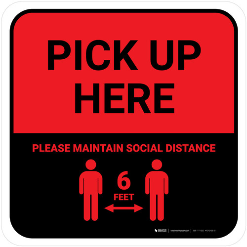 Pick Up Here: Social Distance with Icon Red Square - Floor Sign