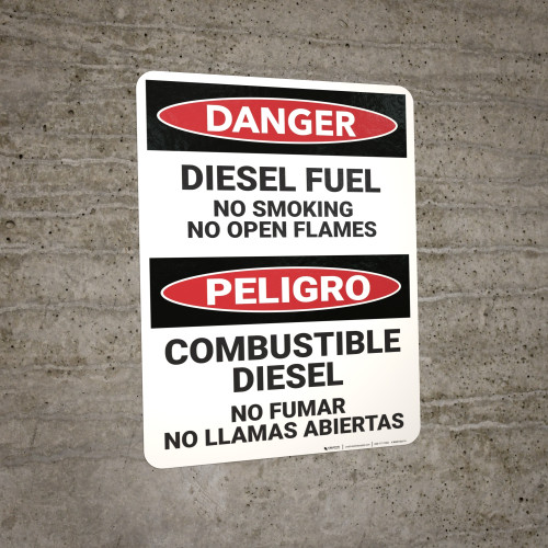 Danger Bilingual Spanish Diesel Fuel No Smoking Wall Sign