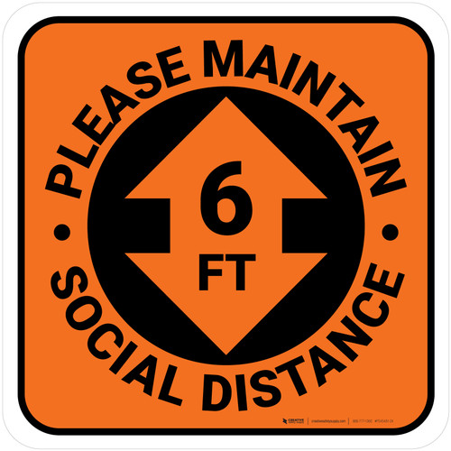 Please Maintain Social Distance with Arrow Orange Square - Floor Sign