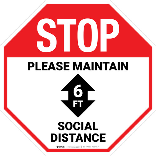 STOP: Please Maintain Social Distance with Arrow STOP - Floor Sign