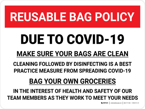 Reusable Bag Policy Due to Covid-19 Landscape - Wall Sign