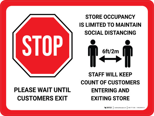 Stop Please Wait Until Customers Exit with Icons Landscape - Wall Sign