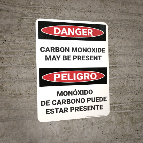 Danger Carbon Monoxide May Be Present Bilingual Spanish Wall Sign