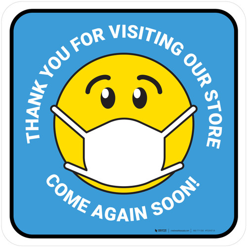 Thank You For Visiting Our Store with Face Mask Emoji Blue Square - Floor Sign