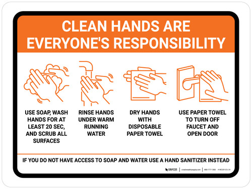 Clean Hands Are Everyones Responsibility with Icons Orange Landscape - Wall Sign