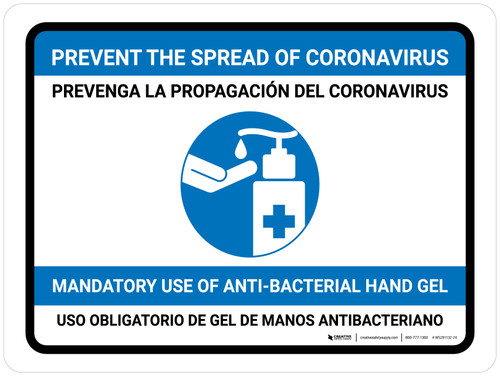 Prevent Coronavirus - Anti-Bacterial Hand Gel Mandatory Bilingual with Icon Landscape - Wall Sign