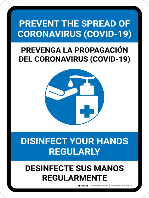 Prevent Coronavirus - Disinfect Hands Bilingual Spanish with Icon Portrait - Wall Sign