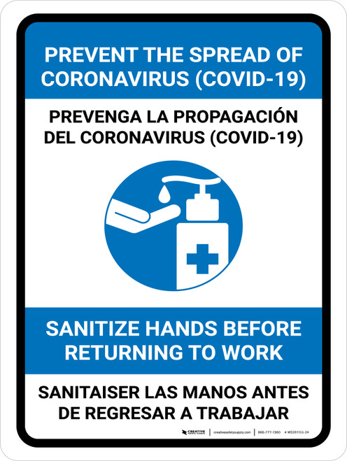 Prevent Coronavirus - Sanitize Hands Before Work Bilingual Spanish with Icon Portrait - Wall Sign