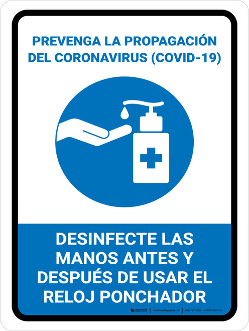 Prevent Coronavirus - Sanitize Hands When Using The Time Clock Spanish with Icon Portrait - Wall Sign