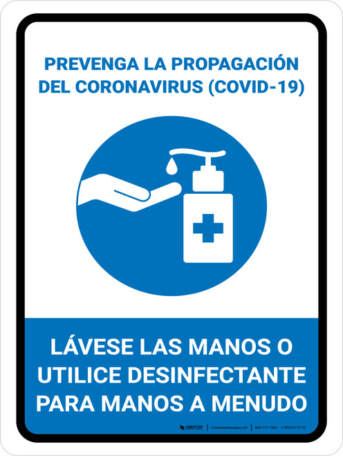 Prevent Coronavirus - Wash Your Hands Or Use Hand Sanitizer Spanish with Icon Portrait - Wall Sign