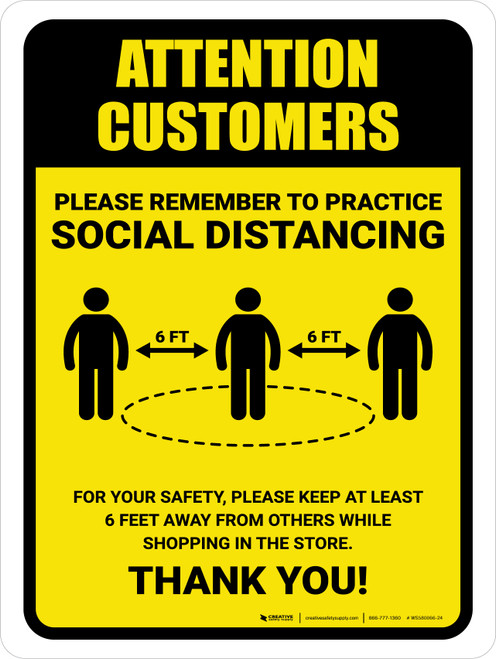 Attention: Customers Remember Social Distancing with Icon Portrait - Wall Sign
