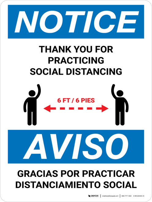 Notice: Thank You For Practicing Social Distancing Bilingual Spanish with Icon Portrait - Wall Sign