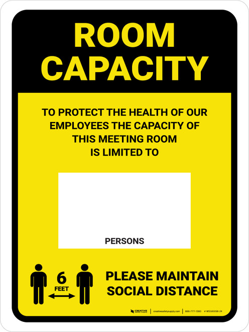 Room Capacity: Maintain Social Distance with Icon Yellow Portrait - Wall Sign