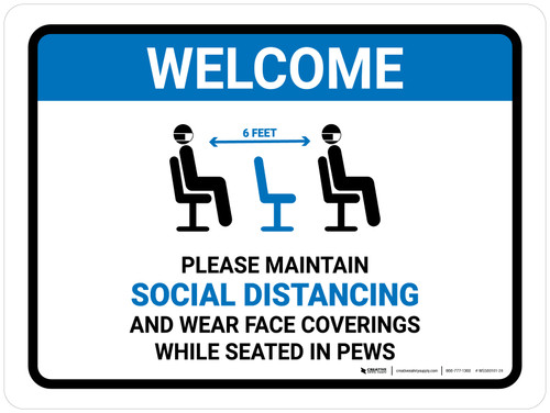 Welcome: Please Maintain Social Distancing And Face Coverings with Icon Landscape - Wall Sign