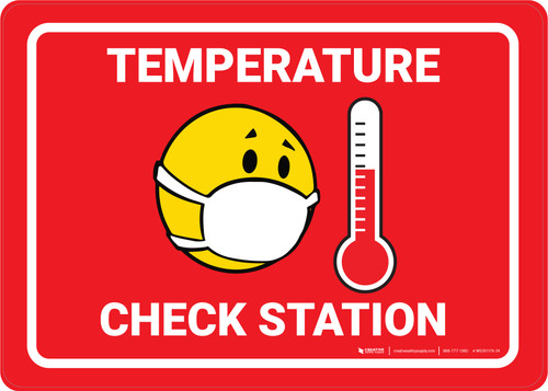 Temperature Check Station with Facemask Emoji Red - Wall Sign