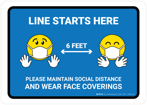Line Starts Here Wear Face Coverings with Emojis Blue - Wall Sign