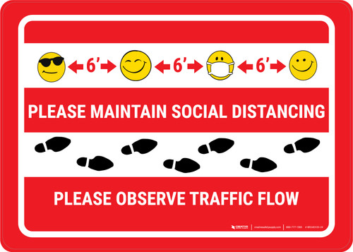 Maintain Distance Observe Flow with Emoji Red - Wall Sign